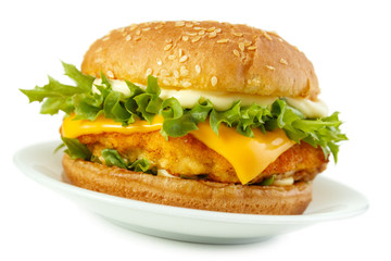 Fish burger with mayonnaise on dish - 56241351
