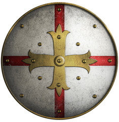 Round medieval shield with golden cross