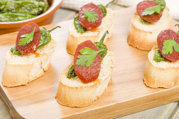 Chorizo & Padron Peppers Pinchos. Spanish tapas.