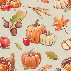 Autumn seamless pattern with harvest illustrations