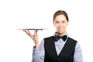 Female waiter holding an empty dish
