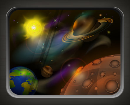 View from window to open space, planets, sun and star, vector