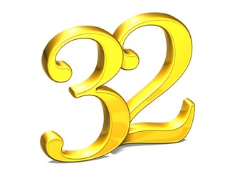 3D Gold Number thirty-two on white background