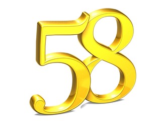 3D Gold Number fifty-eight on white background