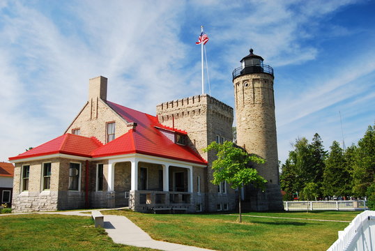 Old Mackinac Point Lighthouse with Stars and Stripes