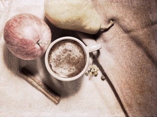 artwork  in grunge style,  cup  of coffee, apple, pear, cinnamon
