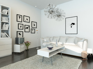 Light living room interior with white furniture