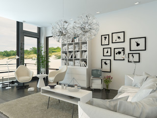 Light living room interior with white furniture