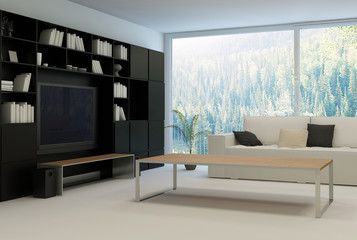 Modern living room with huge floor to ceiling windows