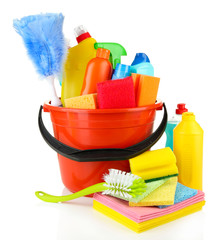 Cleaning items in bucket isolated on white