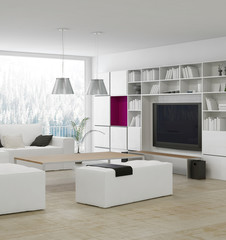 Modern living room with stylish white furniture