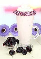 Delicious milk shake on table on light background