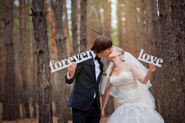 bride and groom in a pine forest in autumn