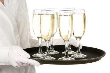 Waitresses holding tray with glasses of champagne, isolated