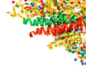 assorted confetti with shiny colorful streamer on white
