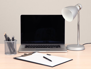 Office workplace with computer, close up