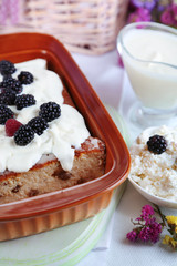 Cheese casserole with raisins in pan