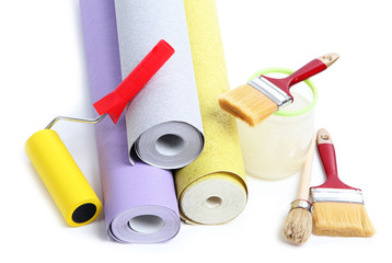 Wallpaper and accessories for glue wallpaper, isolated on white