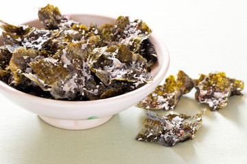 Nori Chips with cheese and chili, selective focus