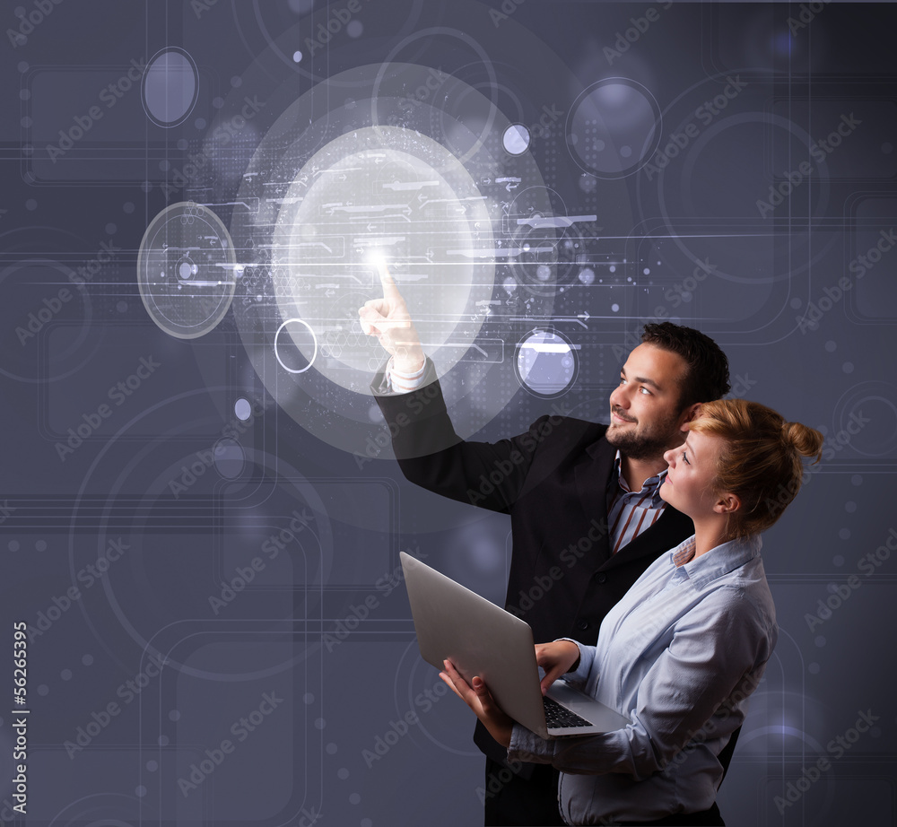 Poster happy couple touching abstract high technology circular buttons