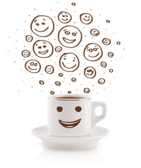 Coffee-cup with brown hand drawn happy smiley faces