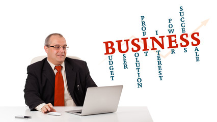 bisinessman sitting at desk and looking laptop with business wor