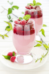 Raspberry dessert panna cotta, selective focus.