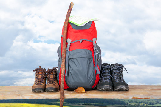 Hiking boots with backpack