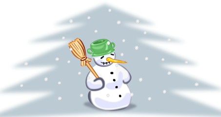 Snowman with green pot and broom in snowfall