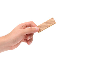 Hand holds wafer of chocolate.