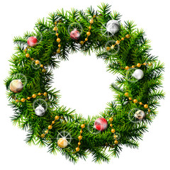 Fototapeta na wymiar Christmas wreath with decorative beads and balls isolated