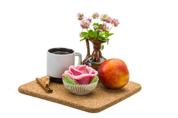 Breakfast wirh coffee, marzipan and peach