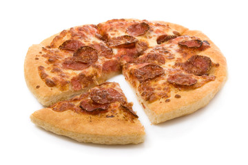 Sliced pepperoni pizza isolated on white background