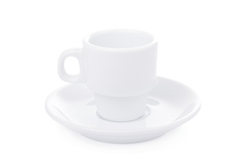 White coffee cup and saucer isolated on white background.