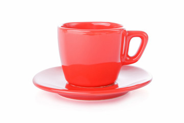 Red coffee cup and saucer isolated on white background.