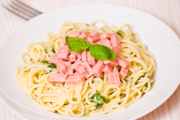 spaghetti with ham, cheese and basil