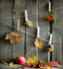 Autumn abstract with leaves on vintage boards