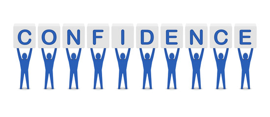 Men holding the word confidence. Concept 3D illustration.