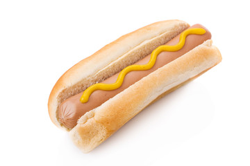 Mustard hotdog isolated on a white background.
