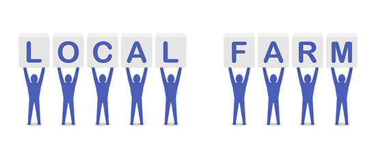 Men holding the words local farm. Concept 3D illustration.
