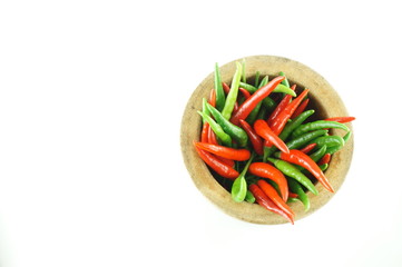 Thai Chili Style with wooden mortar with white background