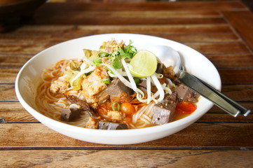 Thai rice noodle on wood table