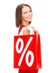woman in red dress with shopping bags