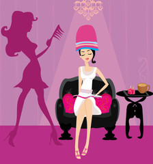 elegant girl in a beauty salon reading the newspaper