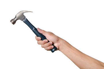 Men is holding a hammer isolated on white background