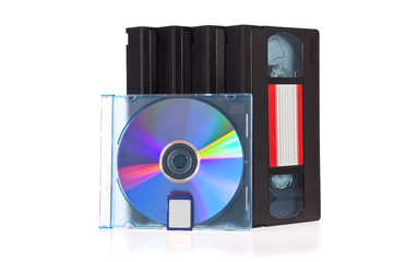Old Video Cassette tape, with a DVD disc and Flash Memory Card