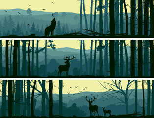 Obraz premium Poziome bannery dzikich zwierząt w drewnie wzgórz.
