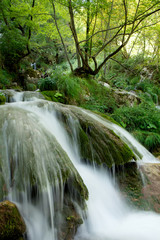 Waterfall between rocks in green environment