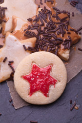 collection of christmas cookies with jelly and chocolate