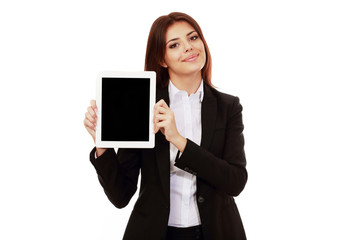 businesswoman showing a display of electronic tablet